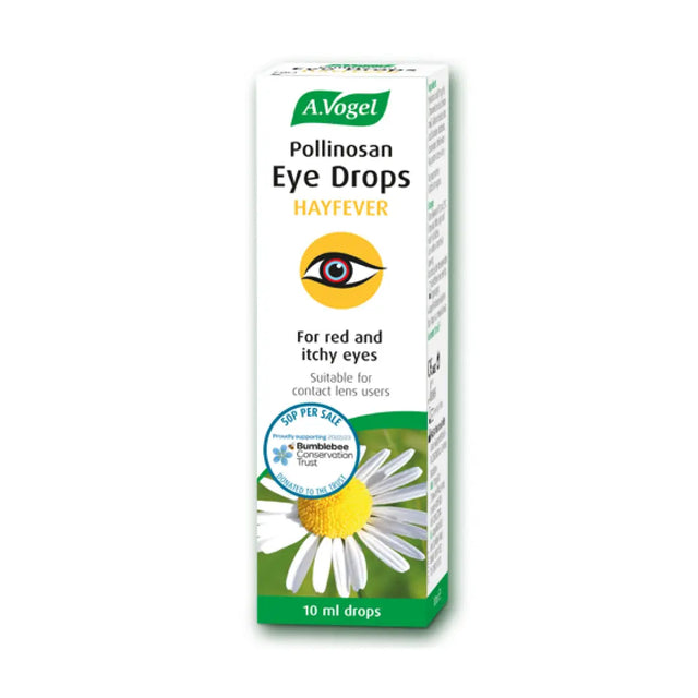 Front of the box A. Vogel Pollinosan Eye Drops Hayfever. For red and itchy eyes. Suitable for contact lens users. 10ml drops. 