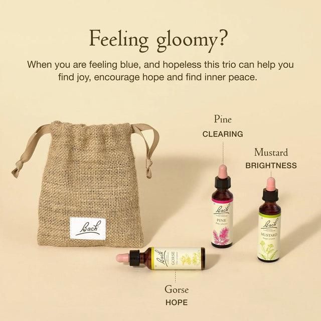 Text at the top says "Feeling gloomy? When you are feeling blue, and hopeless this trio can help you find joy, encourage hope and find inner peace". Below there is a burlap bag on the left, and on the right there are three dropper bottles with essences. The one just next to the bag is Bach™ Original Flower Remedy Gorse(Hope), laying down. Next to it is Bach™ Original Flower Remedy Pine(Clearing) followed by Bach™ Original Flower Remedy Mustard(Brightness).