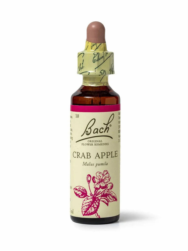 Sealed dropper bottle of Bach™ Original Flower Remedy Crab Apple 20ml  on a white background. The bottle reads "Bach™ Original Flower  Remedies Crab Apple - Malus pumila" and includes a pink illustration of the flower at the bottom.