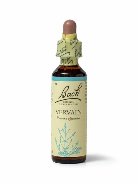 Sealed dropper bottle of Bach™ Original Flower Remedy Vervain 20ml  on a white background. The bottle reads " Bach™  Original Remedies Vervain - Verbena officinalis" and includes a blue illustration of the flower at the bottom.